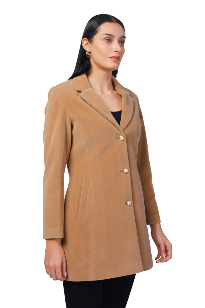 A model showcasing Women Semi Long Coat In Bonded Velvet Fabric thumbnail.